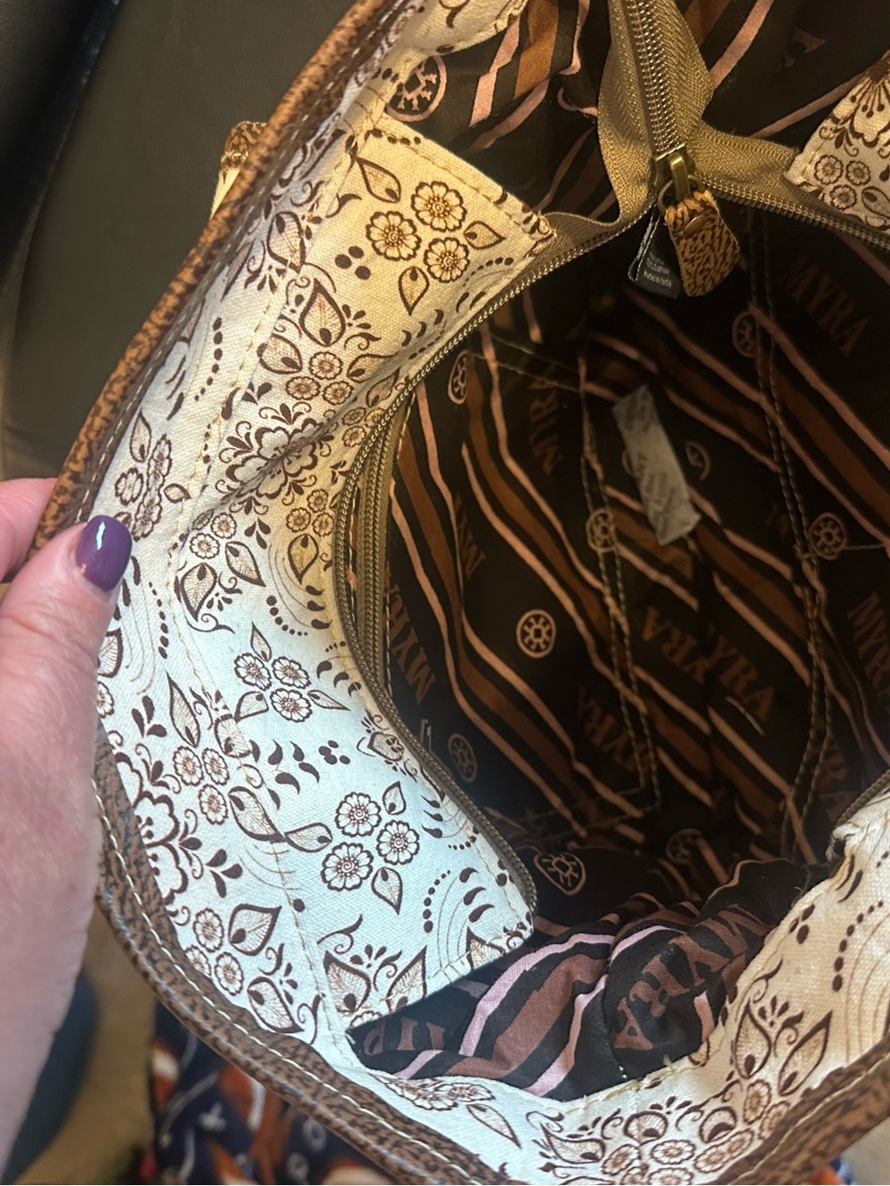 Myra Bag Brown and Cream Floral Shoulder Bag - Picture 5 of 5